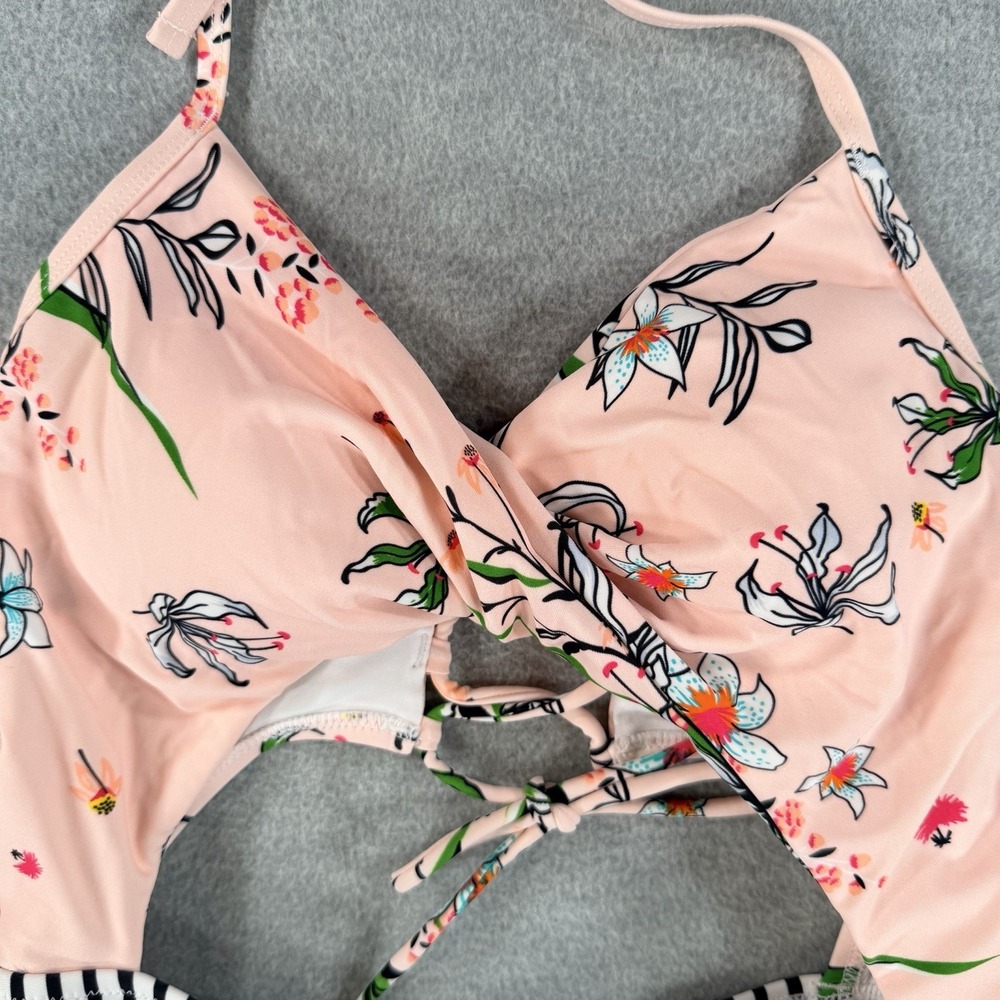 Cupshe M Floral Twist Cut Out Bathing Suit Swim Pink Corset Back Striped - Picture 2 of 8